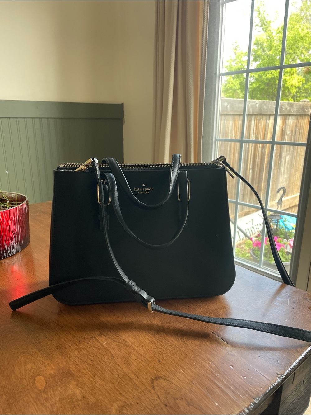 kate spade Black Leather Structured Satchel with Shoulder Strap